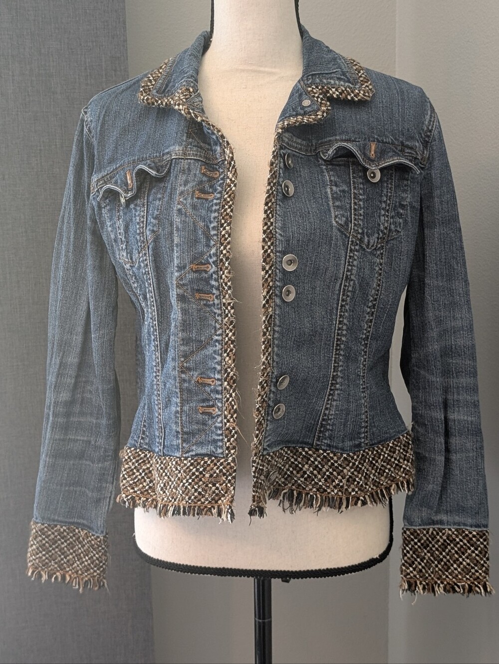 Coldwater Creek Denim & Tweed Trim Jean Jacket Petite 6 Frayed Hem